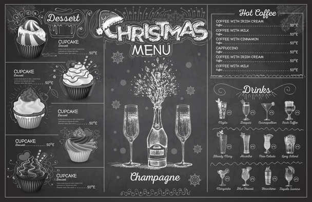 Vintage chalk drawing christmas menu design with champagne. Restaurant menu - Vector, Image