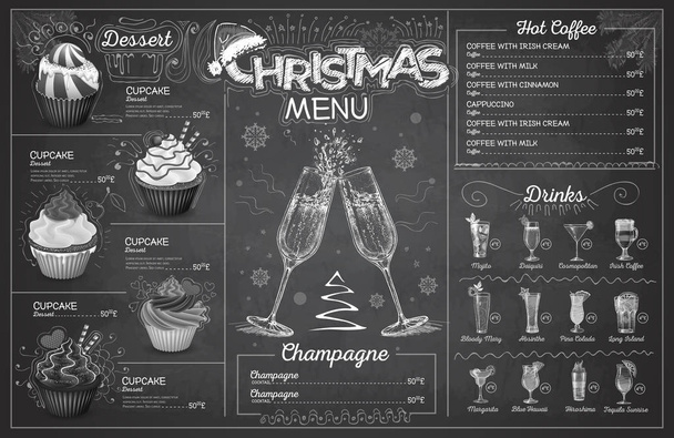 Винтажный мелом рисование рождественского меню дизайн с шампанским. Меню ресторана
 - Вектор,изображение