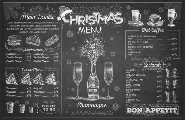 Vintage kréta rajz karácsonyi menü design pezsgővel. Éttermi menü - Vektor, kép