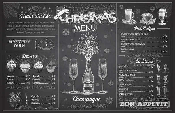 ヴィンテージ チョーク図面のクリスマス メニューは、シャンパンとデザインします。レストランのメニュー - ベクター画像