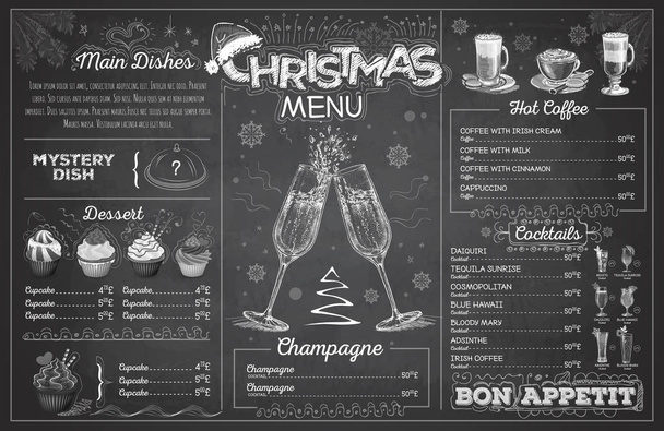 Vintage chalk drawing christmas menu design with champagne. Restaurant menu - Vector, Image