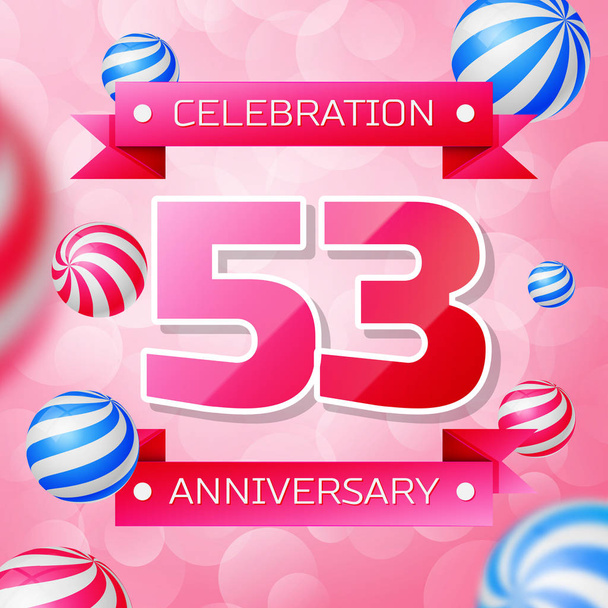 Realistisches dreiundfünfzig Jahre Jubiläumsfeier Design Banner. rosa Zahlen und rosa Schleifen, Luftballons auf rosa Hintergrund. Bunte Vektorvorlagen-Elemente für Ihre Geburtstagsfeier - Vektor, Bild