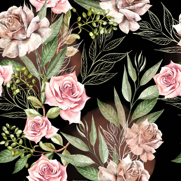 Padrão de aquarela bonita com flores de rosas e folhas de eucalipto
.  - Foto, Imagem