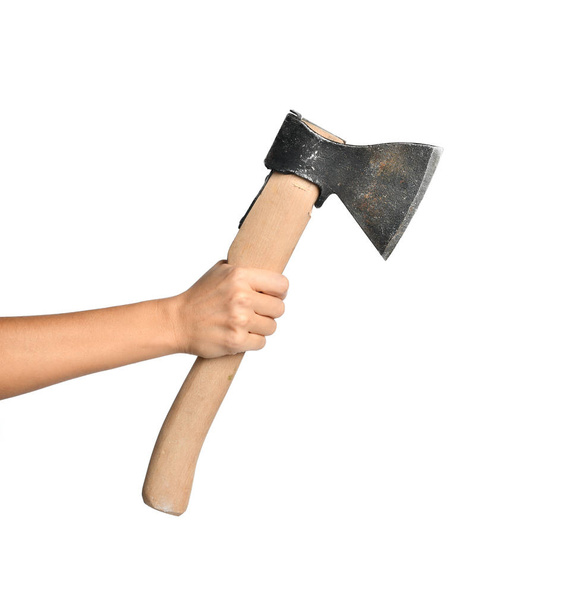 Woman hand hold steel axe with wooden handle isolated on a white background - Zdjęcie, obraz