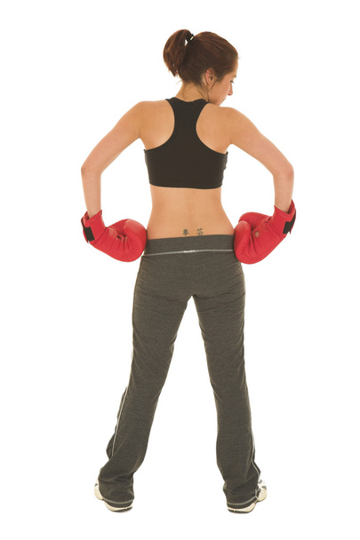 Brunette with red boxing gloves - Fotoğraf, Görsel