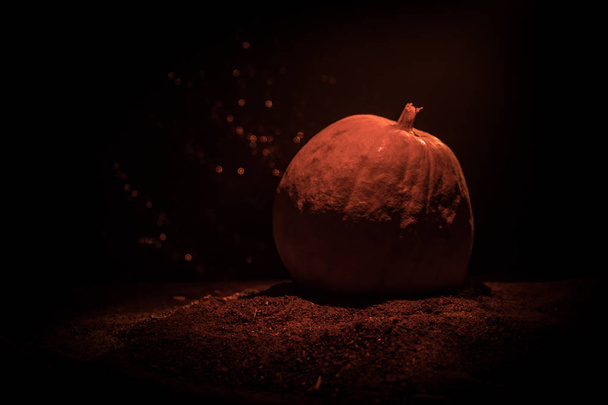 Tema de Halloween con calabaza contra fondo oscuro ahumado. Espacio vacío para el texto. Enfoque selectivo
 - Foto, imagen