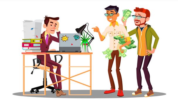 Podnikatel smolař s stoh dokumentů vedle směje kolegy s vektorem peníze. Izolované ilustrace - Vektor, obrázek