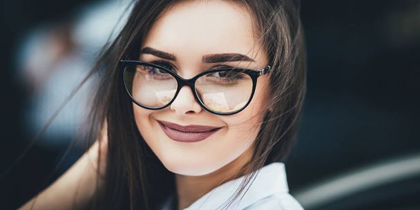 Close up portrait of professional successful businesswoman in glasses. Web banner - Photo, Image