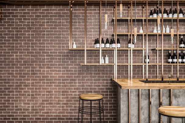 Interior of stylish bar with brick walls, wooden table and stools. Bottles on shelves. Small business concept. 3d rendering copy space wall - Фото, изображение