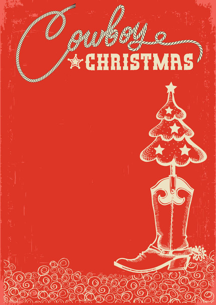 カウボーイ ブーツとクリスマス ツリー西部の赤いクリスマス カード。ベクトル図 - ベクター画像