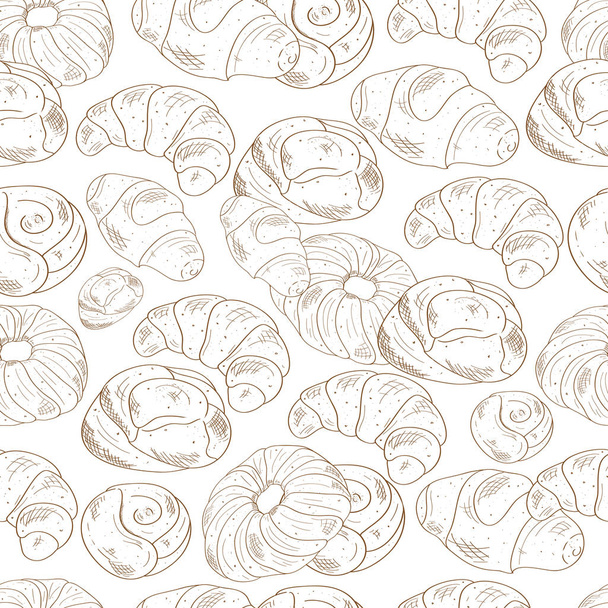 Bun, croissant, background, wallpaper, seamless. Sketch, doodle. Monochrome - Вектор,изображение