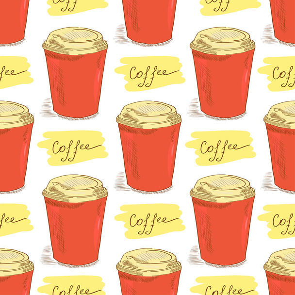 Koffie. Glas. Schets. Achtergrond, wallpaper, naadloze. Amermanko, espresso, cappuccino. - Vector, afbeelding