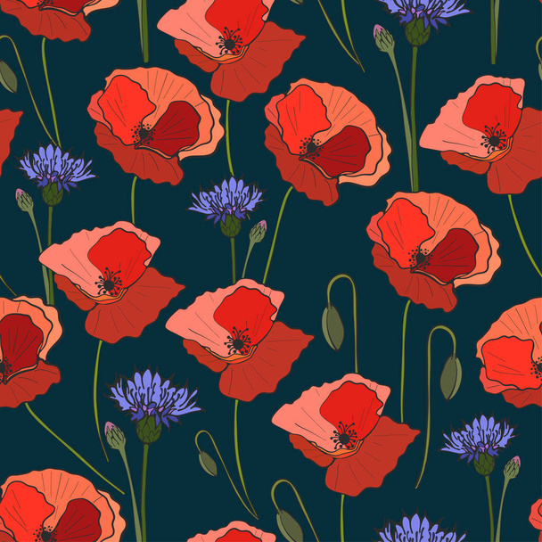 Seamless pattern poppy cornflower, vector - ベクター画像