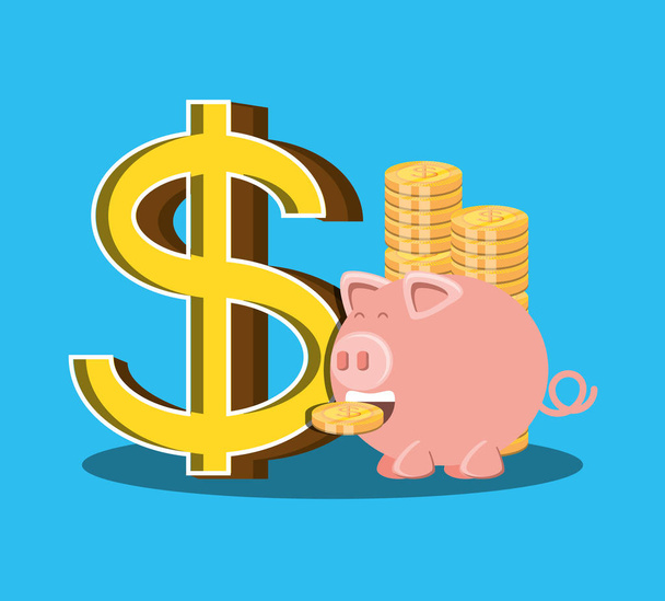 saving piggy and coins isolated icon - Vector, Image