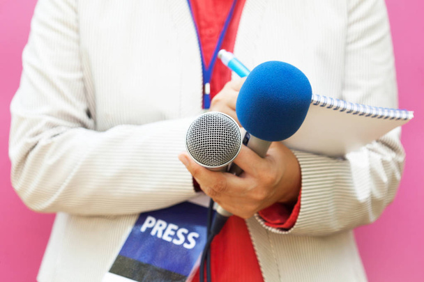 Reportérka na tiskové konferenci, psaní poznámek, držení mikrofonu - Fotografie, Obrázek