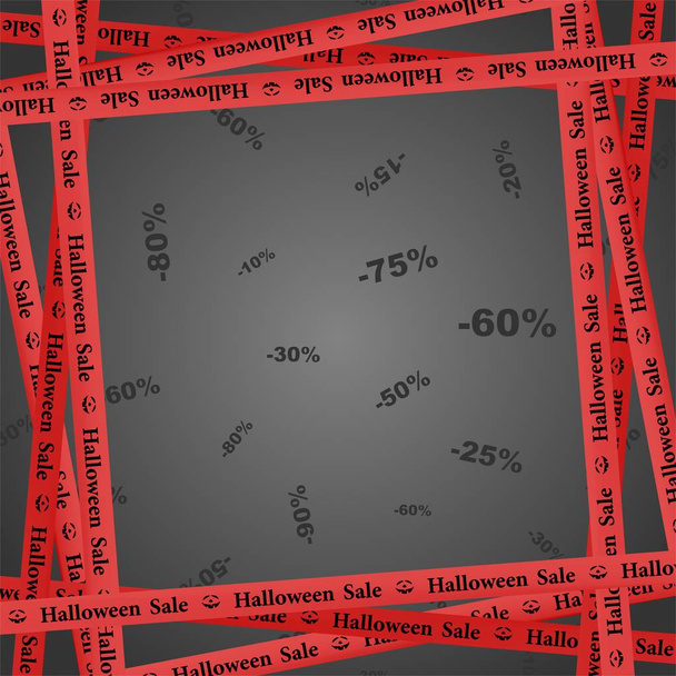 Marco de cintas rojas con letras negras venta de halloween, calabaza y rayas que indican lugar de ventas sobre un fondo gris. Cintas comerciales de advertencia y precaución
  - Vector, Imagen