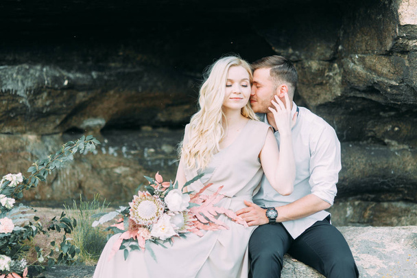 Wedding ceremony in the mountains in nature. Decor in the style of fine art. Summer stylized photo shoot - Zdjęcie, obraz