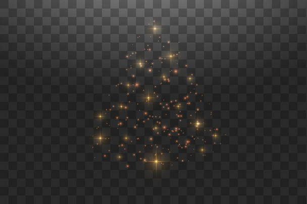 Christmas Tree made. Gold glitter bokeh lights and sparkles. Shining star, sun particles and sparks with lens flare effect on transparent background - Vektör, Görsel