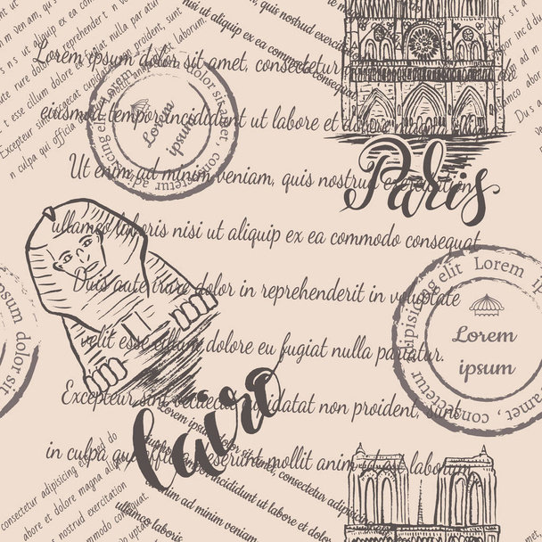 Faded text, stamps, Notre-Dame Cathedral and Sphinx with lettering Paris and Cairo, seamless pattern on beige background - Vetor, Imagem