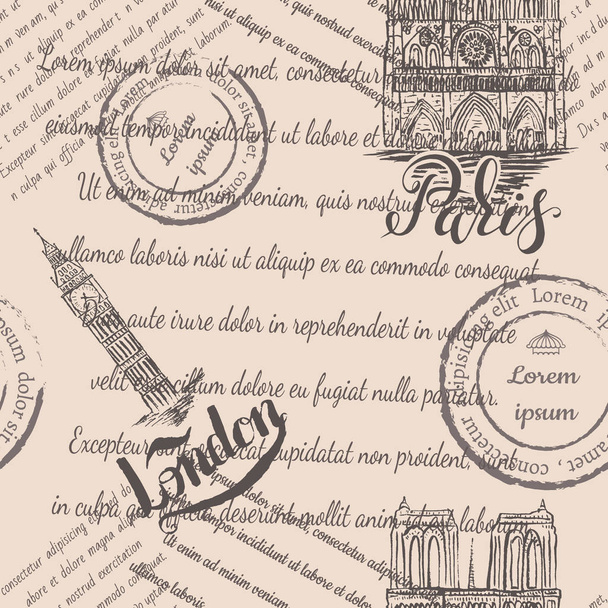 Faded text, stamps, Notre-Dame Cathedral and Big Ben with lettering Paris and London, seamless pattern on beige background - Vector, imagen