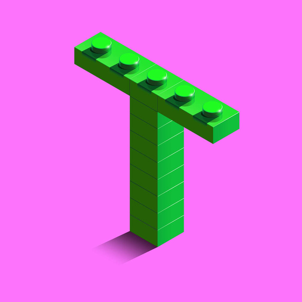 現実的な緑 3 d アイソ メトリック コンス トラクター レゴブロックからアルファベットの T を文字します。緑のレゴのビルディング ブロックから 3 d の等尺性プラスチック手紙。レゴの手紙。3 d 文字 - ベクター画像