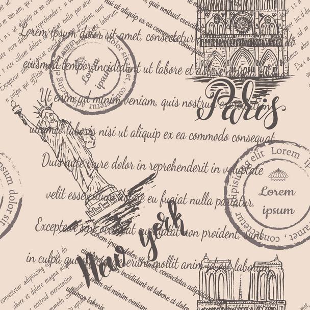 Faded text, stamps, Notre-Dame Cathedral and the Statue of Liberty with lettering Paris and New York, seamless pattern on beige background - Vector, imagen
