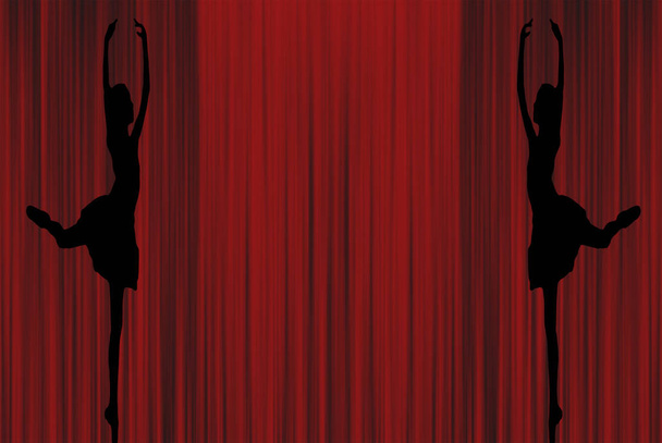 zwei Ballerinas Silhouetten der jungen Ballettdame tanzen auf Spitze in Attitüde derriere auf rotem Vorhang Hintergrund - Foto, Bild