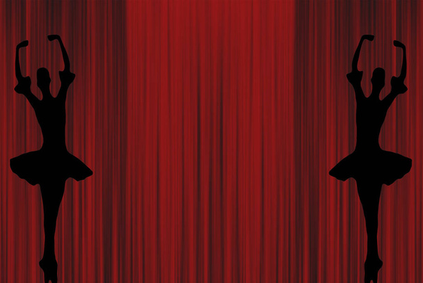δύο μπαλαρίνες μπαλέτο, Χορός σε pointe παπούτσια σιλουέτες σε φόντο κόκκινο Θέατρο στάδιο παραπέτασμα - Φωτογραφία, εικόνα