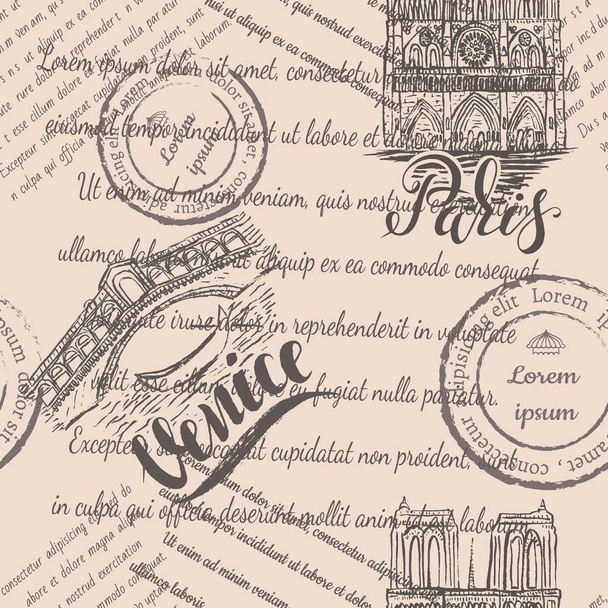 Faded text, stamps, Notre-Dame Cathedral and the the Rialto Bridge with lettering Paris and Venice, seamless pattern on beige background - Διάνυσμα, εικόνα