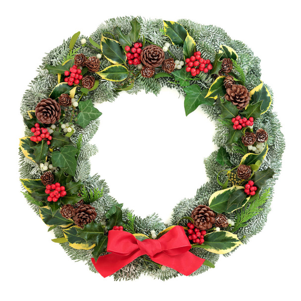 Winter and Christmas wreath with snow covered spruce pine fir, red bow, mistletoe, pine cones, cedar and ivy leaves isolated on white background. - Photo, Image