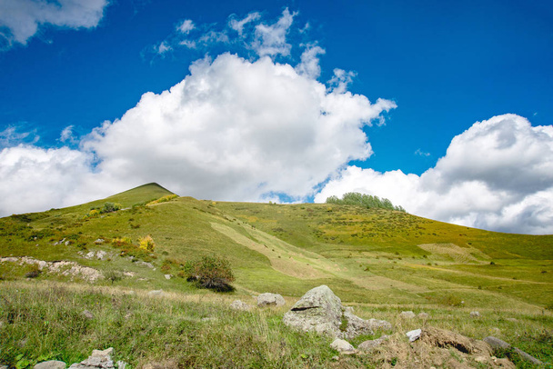 summer mountains green grass and blue sky landscape - Zdjęcie, obraz