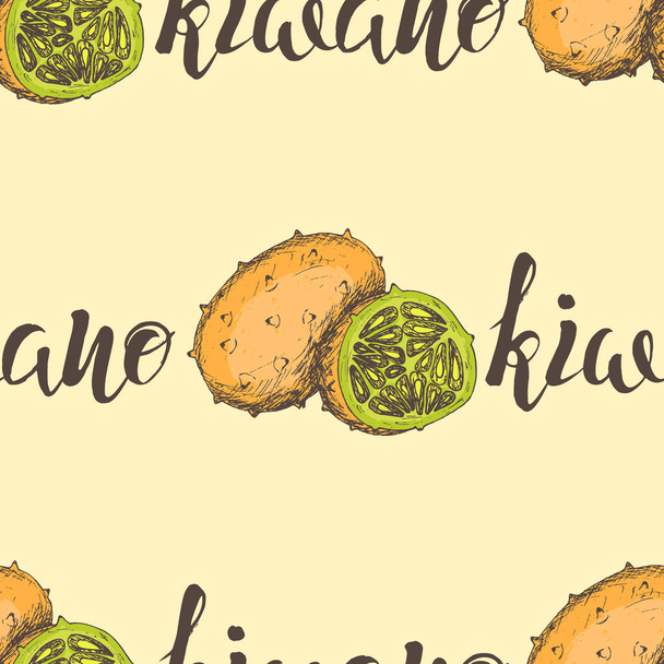 Vector illustration, seamless pattern with colorful kiwano and inscription on a beige background - Διάνυσμα, εικόνα