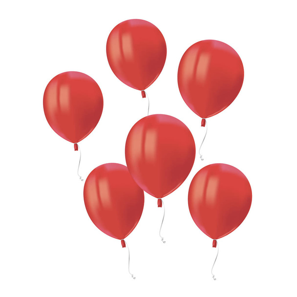Composición de globos rojos aéreos realistas con reflejos aislados sobre fondo blanco. Elemento decorativo festivo para fiesta de cumpleaños o elemento de diseño de tarjeta de felicitación con globos. Vector
 - Vector, imagen