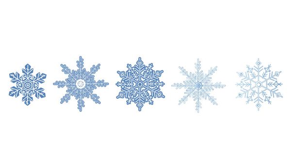 Zestaw ikon płatków śniegu. Zimowe Boże Narodzenie niebieski element kryształu koloru. Mróz płaska izolowana sylwetka. Kolekcja wektorów lodu - Wektor, obraz