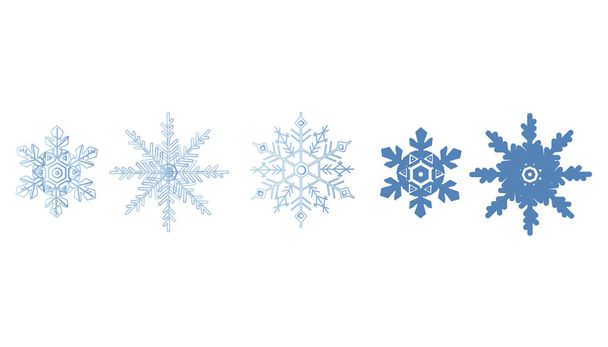 Conjunto de ícones de floco de neve. Natal de inverno elemento de cristal de cor azul. Geada silhueta plana isolada. Coleção de vetor de gelo - Vetor, Imagem