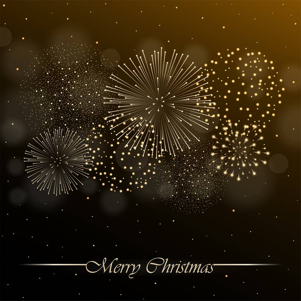 Vuurwerk show op gouden nacht hemelachtergrond met gloed en sparkles. Kerst concept. Uitnodiging, card, partij achtergrond. Vectorillustratie - Vector, afbeelding