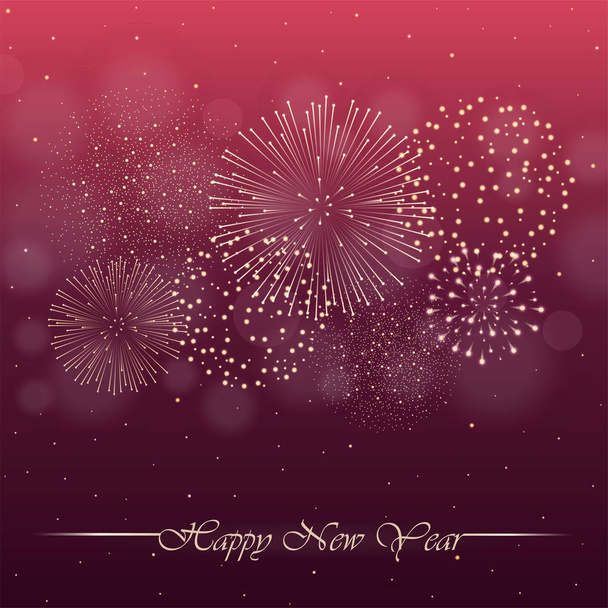 Firework show on pink night sky background with glow and sparkles. New year concept. Invitation, card, party background. Vector illustration - Vector, Image