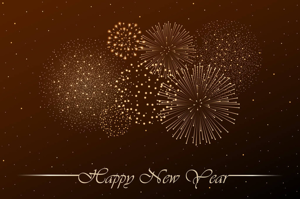 Feuerwerk am orangefarbenen Nachthimmel. Neujahrskonzept. Glückwunsch oder Einladungskarte Hintergrund. Vektorillustration - Vektor, Bild