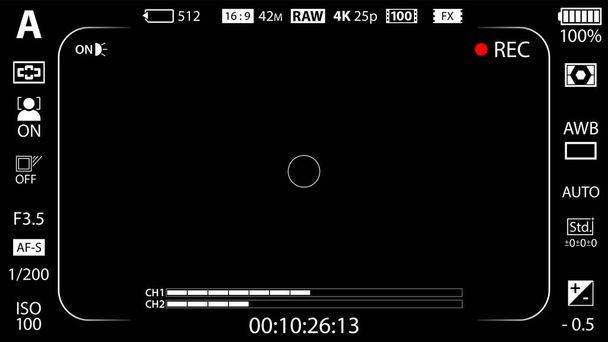 Pantalla de enfoque de cámara de vídeo digital moderna con plantilla de configuración. Visor negro sin espejo, réflex digital o grabación de cámara de cámara. Ilustración vectorial
 - Vector, imagen