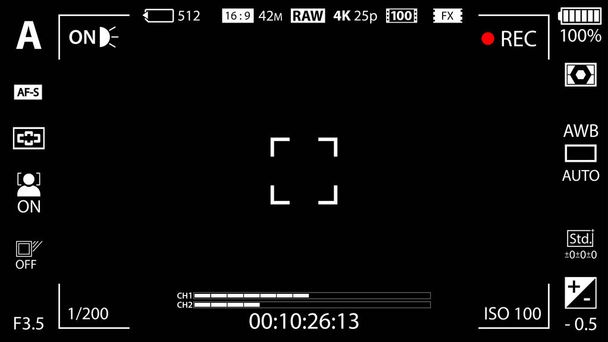 Современная цифровая видеокамера, фокусирующая экран с шаблоном настроек. Черный видоискатель без зеркала, DSLR или видеокамера записи. Векторная иллюстрация
 - Вектор,изображение