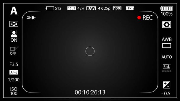 Czarny nowoczesny aparat cyfrowy wizjer szablon z winietowanie efekt. Czarny celownik lustra, Dslr lub aparatem aparatu nagrywania. Ilustracja wektorowa - Wektor, obraz