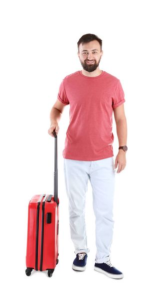 Man with suitcase on white background. Vacation travel - Φωτογραφία, εικόνα