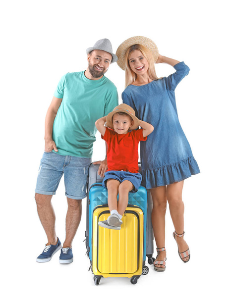 Couple with suitcases running on white background. Vacation travel - Foto, imagen