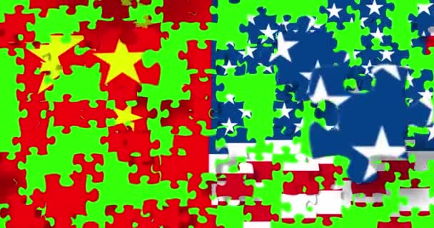flag of the half republic of china and half usa united states of america flag on puzzle pieces background, falling down on chroma key green screen background, crisis president and china for nuclear - Footage, Video