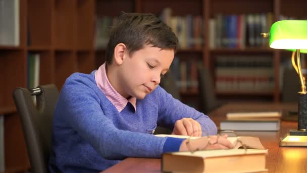 portrait of schoolboy doing their homework in library or room. - Felvétel, videó