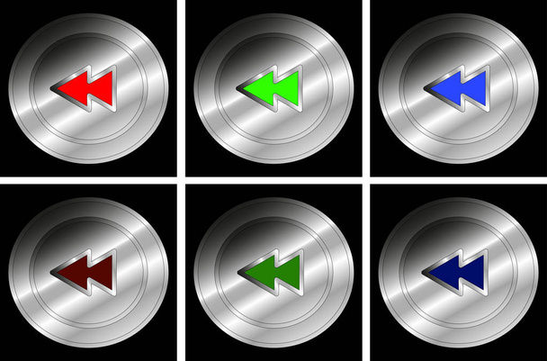 A set of push buttons for Fast Backward in red, green and blue colors for both on and off status - Vector - Vector, Image