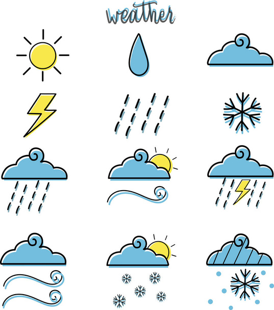 Set of colors doodle weather icons. Hand drawing weather icons. - Vector, Image