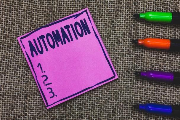 Концептуальный почерк, показывающий автоматизацию. Технология, созданная для контроля за производством и поставкой лиловой бумаги Важное напоминание Маркеры Jute фон
. - Фото, изображение