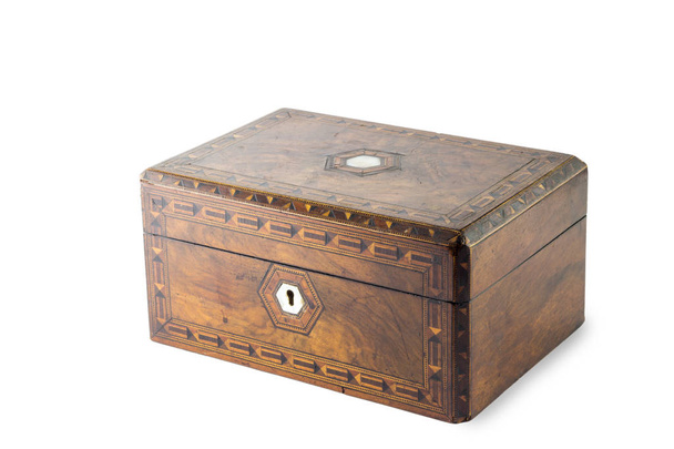 Drewniane pudełko z matka perła wkładka - Vintage jewellry pudełko z pokrywką - Zdjęcie, obraz
