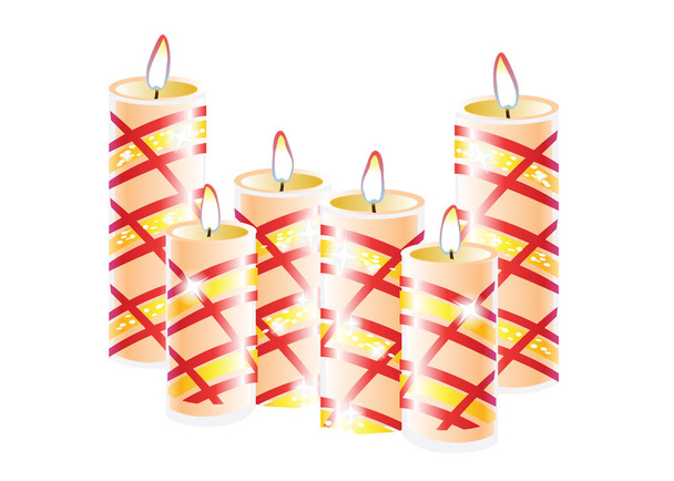 Палаючі свічки. Декоративні круглі циліндричні свічки палички з палаючим полум'ям на білому тлі. Вектор ізольований дизайн елемента декору
 - Вектор, зображення